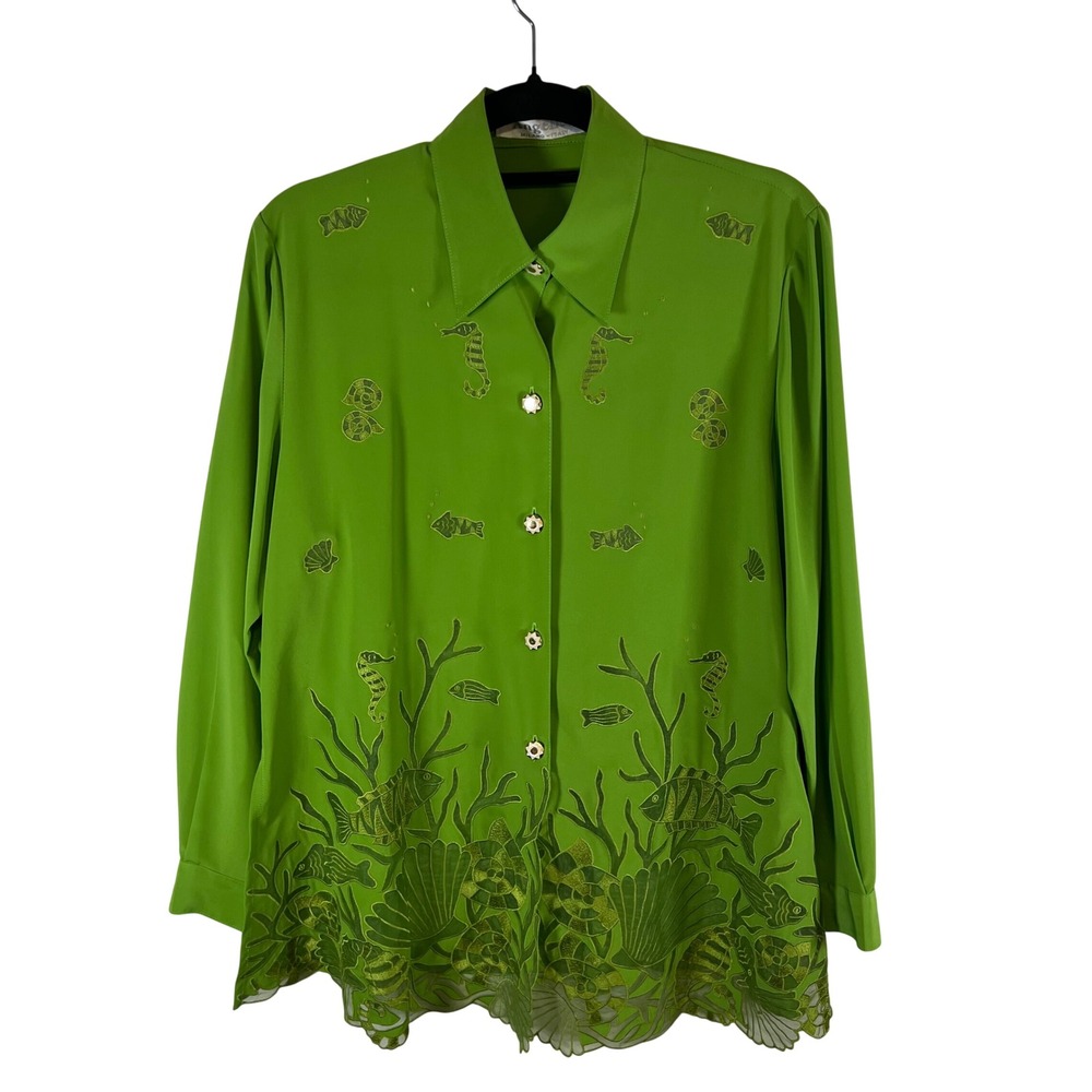 Angelica Milano Italy Green Sea Life Embroidered Cut Out Button Down Blouse